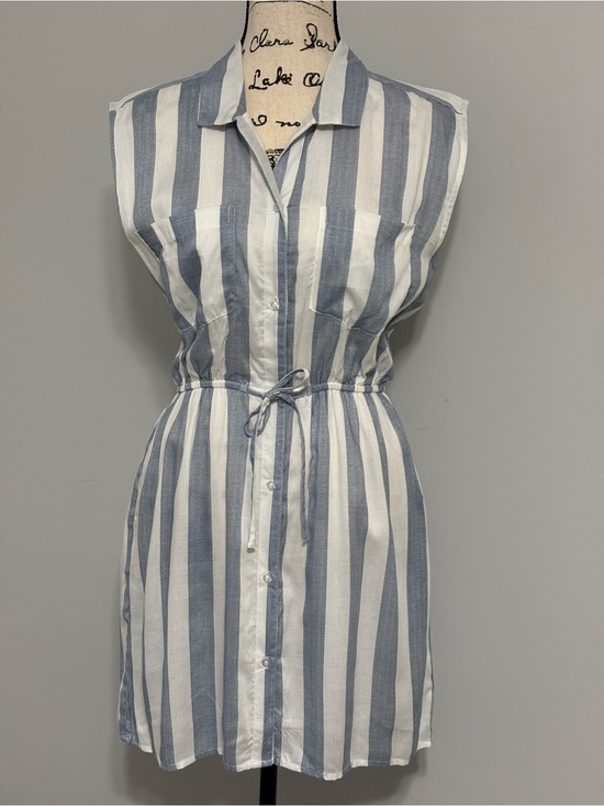 Japna Dresses & Skirts - Japna Sleeveless Blue and White Striped Shirt Dress with Waist Tie Size S